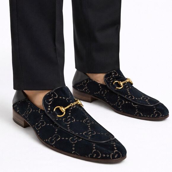 Gucci Velvet GG Monogram Horsebit Mule Loafer Quentin Blue Size 9.5